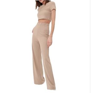 Shein Tan Crop T Shirt Wide Leg Ribbed Lounge Pants Set Size Large